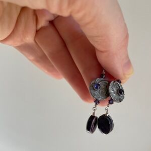 Artisan Silver Earrings,‎ Round Medallion, Amethyst Beads
